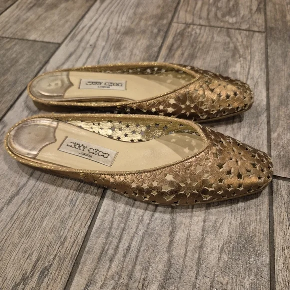 Jimmy Choo Gold Laser Cut Star Mules Flats Size 40 (US 10) Metallic Leather Y2K - Picture 4 of 10